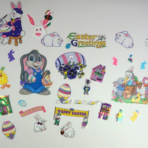 Vintage Easter Theme Window Clings Bunnies Decorations Reusable Lot 30+ - Picture 1 of 3